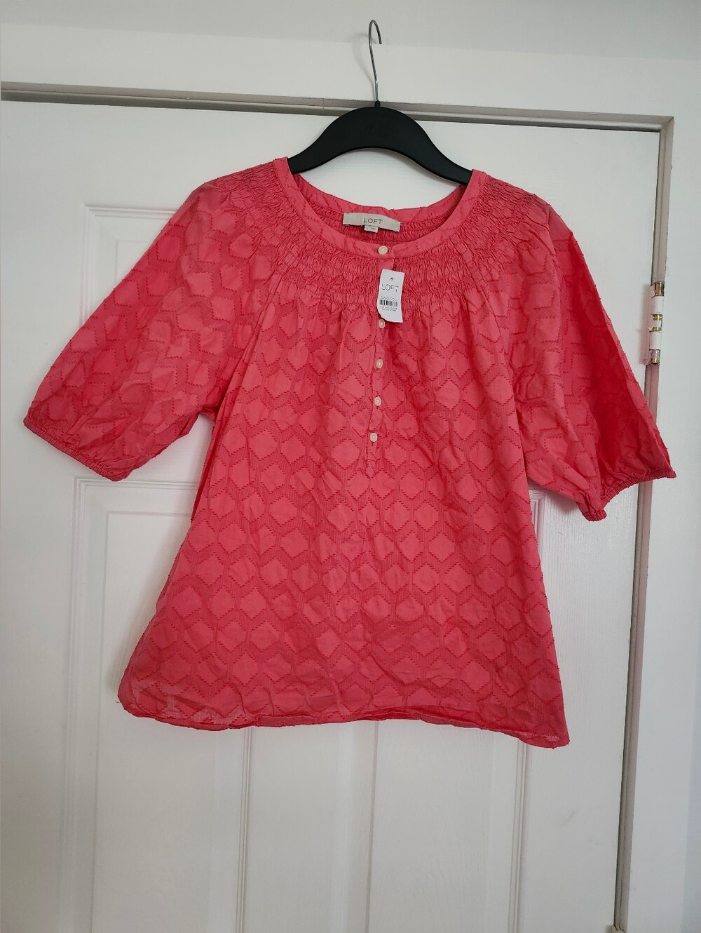 LOFT Coral Pink Chevron Eyelet Smocked Blouse